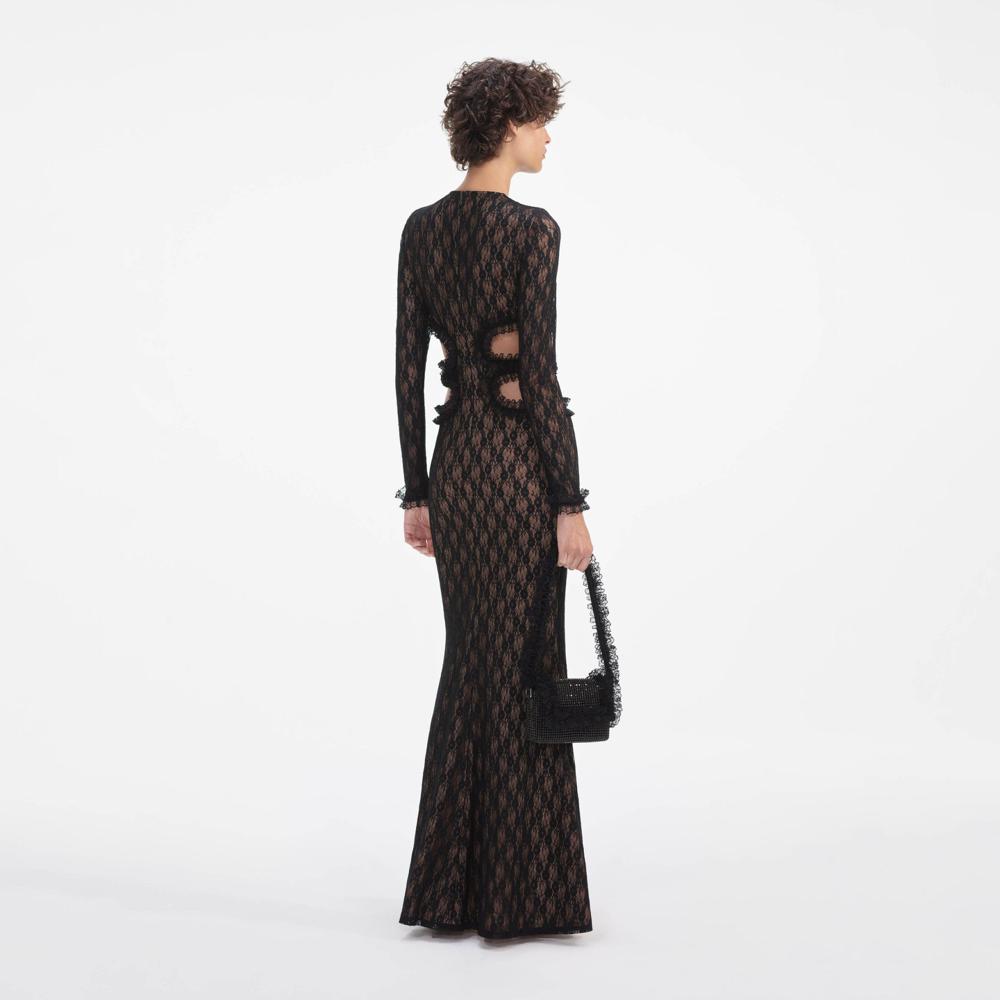 SELF PORTRAIT SS25 VIP PRICE Black Lace Cut Out Maxi Dress