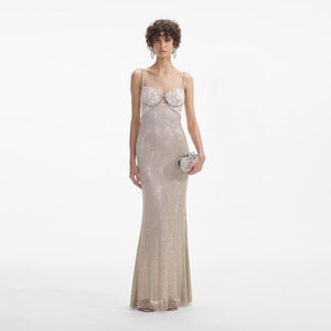 SELF PORTRAIT SS24 Cream Rhinestone Mesh Maxi Dress