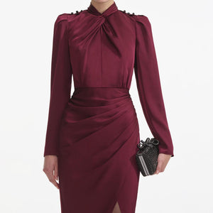 SELF PORTRAIT SS24 Burgundy Satin Midi Dress