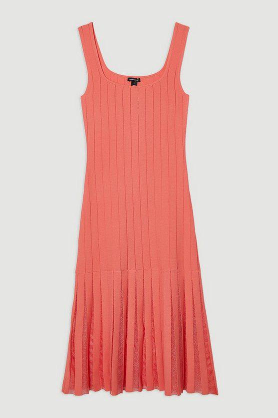 Karen Millen UK SALE Tall Compact Stretch Square Neck Knitted Flippy Dress - coral