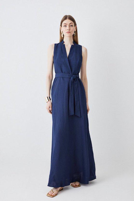 Karen Millen UK SALE Lydia Millen Linen Wrap Tie Waisted Maxi Dress - navy