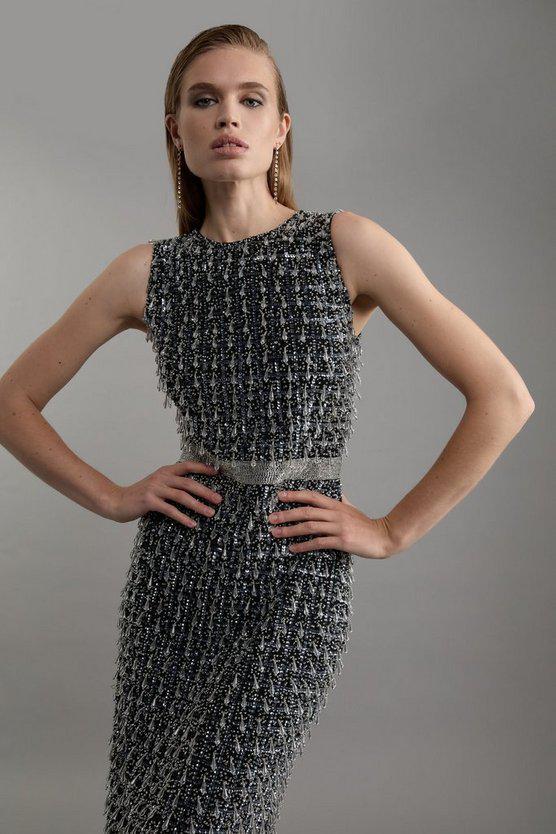 Karen Millen UK SALE Petite Embellished Woven Midi Dress - gun metal