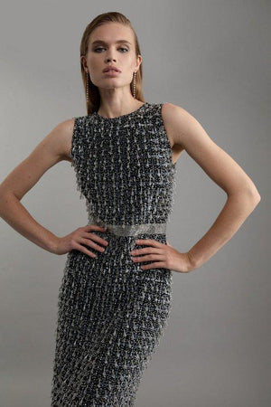 Karen Millen UK SALE Petite Embellished Woven Midi Dress - gun metal