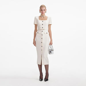 SELF PORTRAIT SS24 Cream Crepe Button Midi Dress