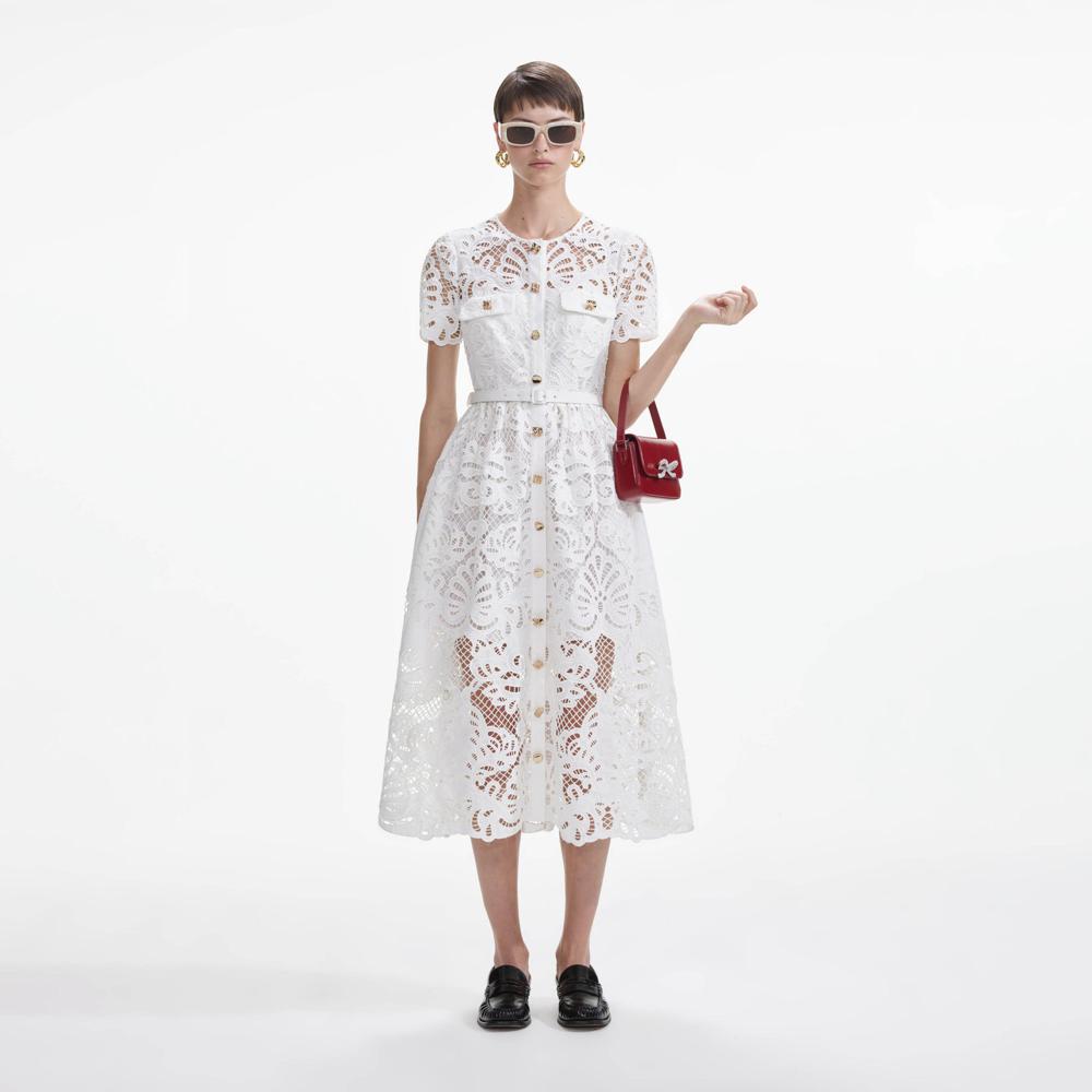 SELF PORTRAIT SS24 White Cotton Lace Button Midi Dress