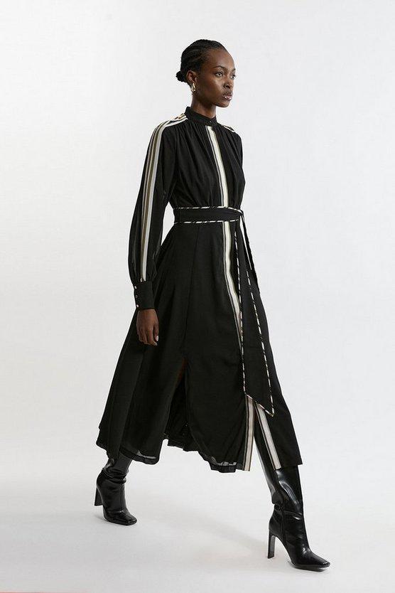 Karen Millen UK SALE Military Mono Stripe Balloon Sleeve Maxi Dress