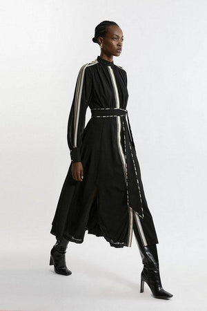 Karen Millen UK SALE Military Mono Stripe Balloon Sleeve Maxi Dress