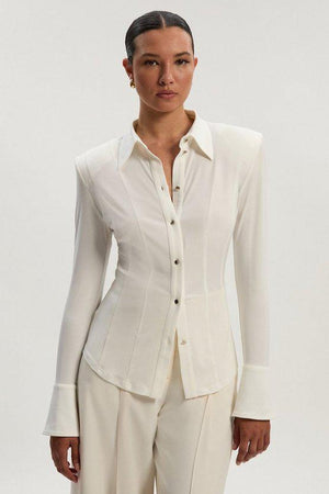 Karen Millen UK SALE Power Shoulder Drapey Crepe Seam Detail Shirt - ivory