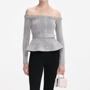 SP VIP PRICE Grey Chenille Knit Crystal Trim Top