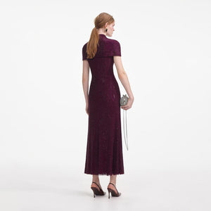 SELF PORTRAIT SS24 Burgundy Rhinestone Mesh Cut Out Midi Dress