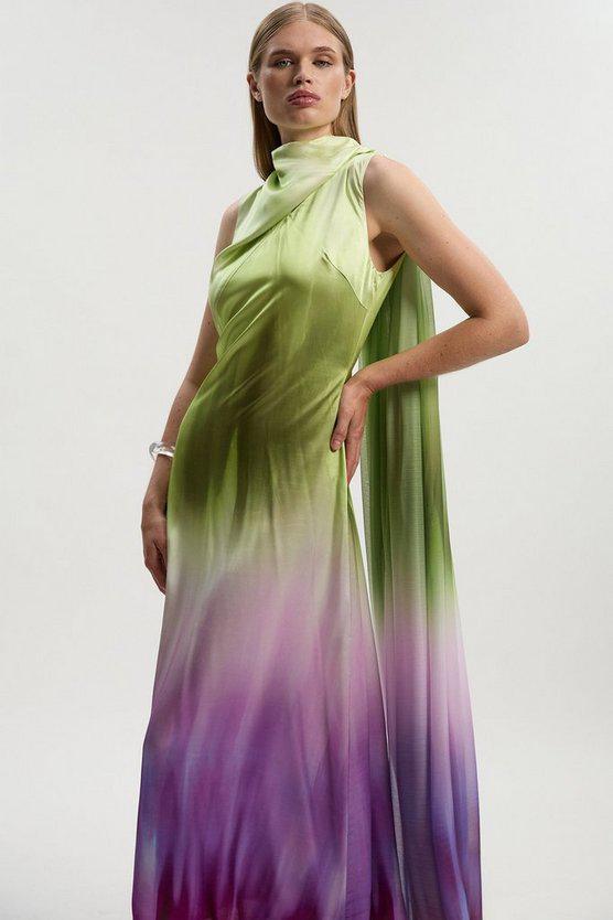 Karen Millen UK SALE Ombre Satin Drape Georgette Cape Detail Midi Dress