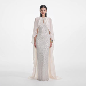 SELF PORTRAIT SS25 VIP PRICE Cream Rhinestone Cape Maxi Dress