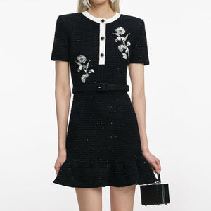 SP VIP PRICE Black Floral Textured Knit Mini Dress