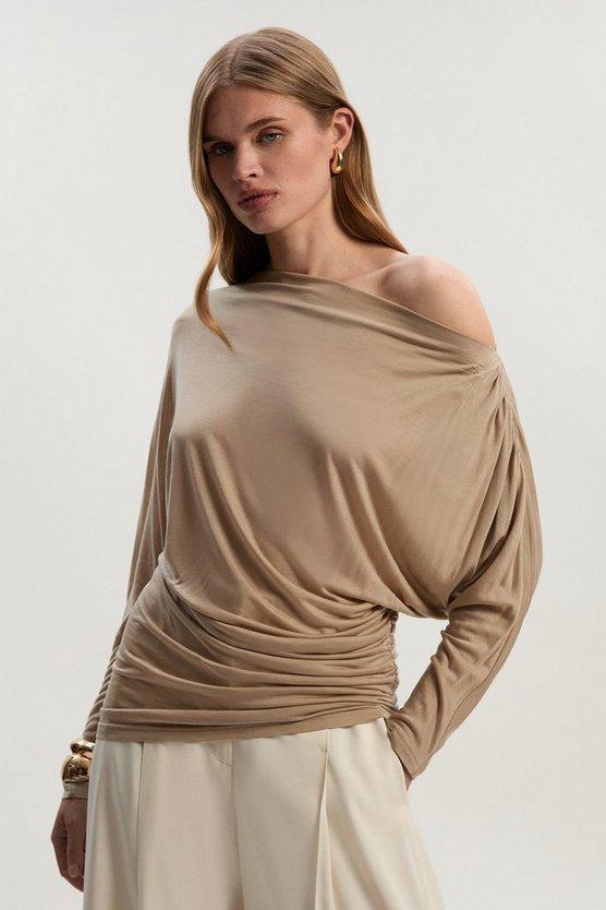 Karen Millen UK SALE Tencel Ruched Asymmetric Neck Long Sleeve Top