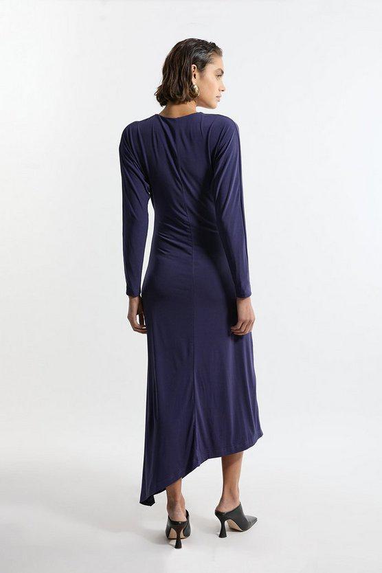 Karen Millen UK SALE Jersey Crepe Ruched Long Sleeve Midi Dress - navy