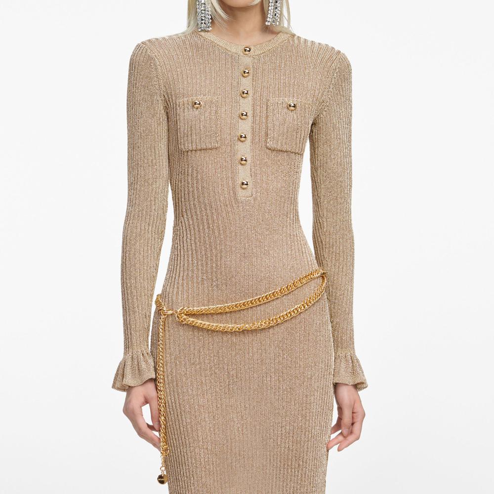 SP VIP PRICE Gold Lurex Ribbed Knit Midi Dress
