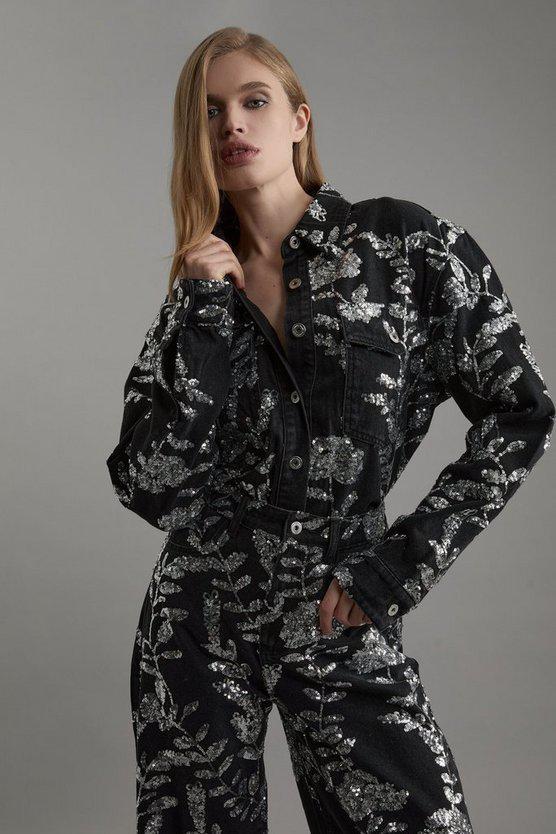 Karen Millen UK SALE Denim All Over Floral Sequin Jacket - black