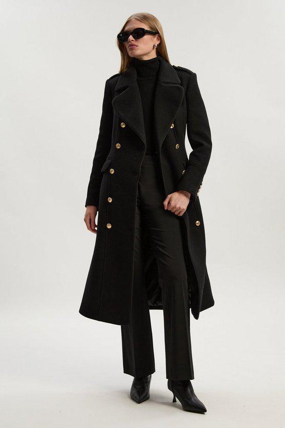 Karen Millen UK SALE Wool Double Breasted Military Tailored Midi Coat - black