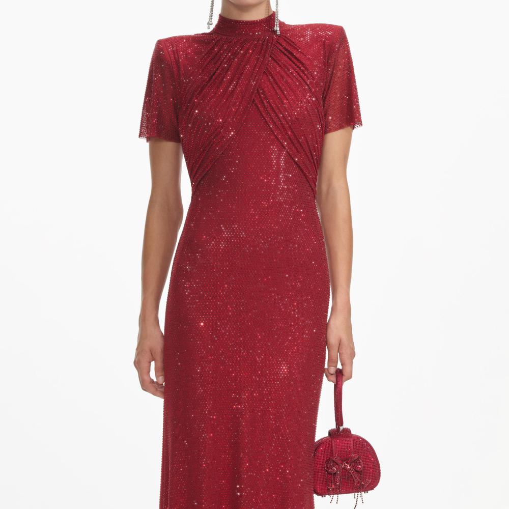 SELF PORTRAIT SS24 Red Rhinestone Mesh Maxi Dress