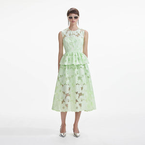 SELF PORTRAIT SS24 Mint Cotton Lace Peplum Midi Dress