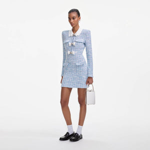 SELF PORTRAIT SS25 VIP PRICE Blue Check Collared Knit Mini Dress