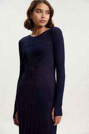 Karen Millen UK SALE Drapey Sheer Rib Knitted Midi Dress - navy