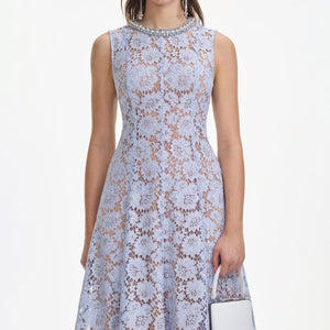 SELF PORTRAIT SS25 VIP PRICE Blue Fine Lace Pearl Midi Dress