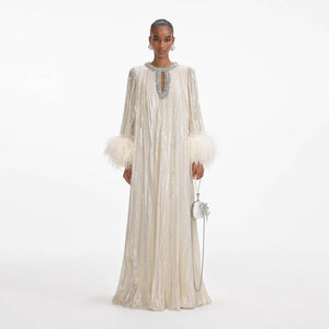 SELF PORTRAIT SS25 VIP PRICE Gold Metallic Feather Maxi Dress