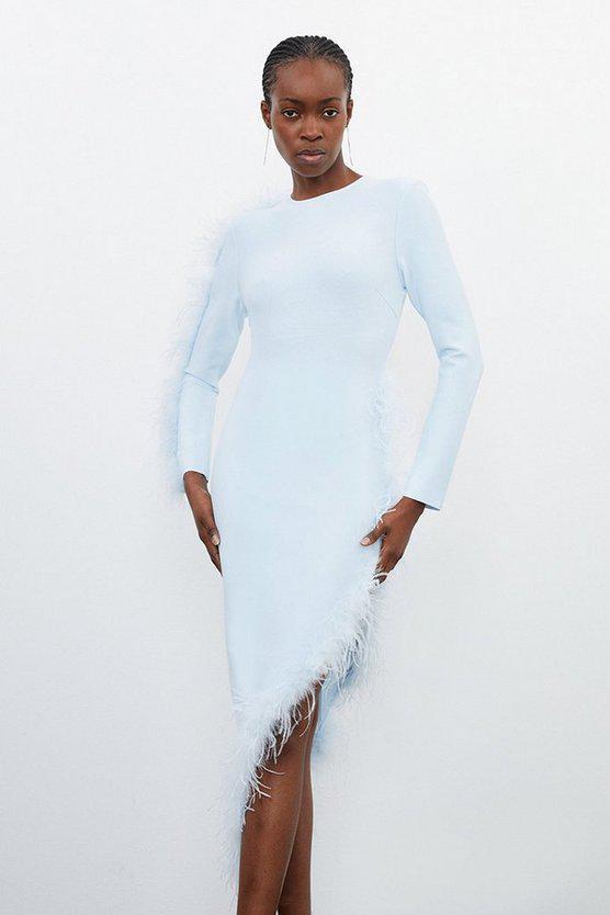 Karen Millen UK SALE Figure Form Bandage Knit Split Feather Hem Midi Dress - pale blue