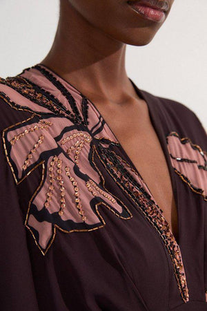 Karen Millen UK SALE Drama Kimono Sleeve Printed And Beaded Woven Maxi Dress