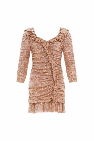 Needle & Thread CYBER SALE Sunbeam Rouched Long Sleeve Micro Mini Dress - beige