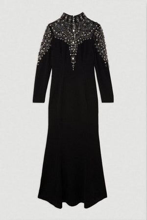 Karen Millen UK SALE Premium Crystal Embellished Woven Maxi Dress