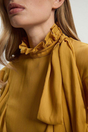 Karen Millen UK SALE Georgette Ruffle Woven Pussy Bow Blouse - ochre