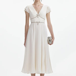 SELF PORTRAIT SS24 Cream Chiffon Pleated Midi Dress