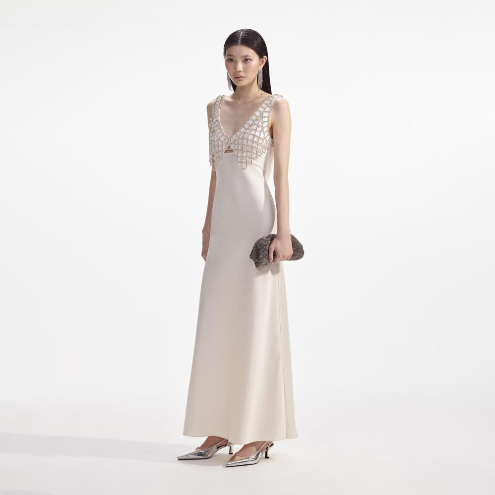 SELF PORTRAIT SS24 Cream Satin Diamante Bralette Maxi Dress