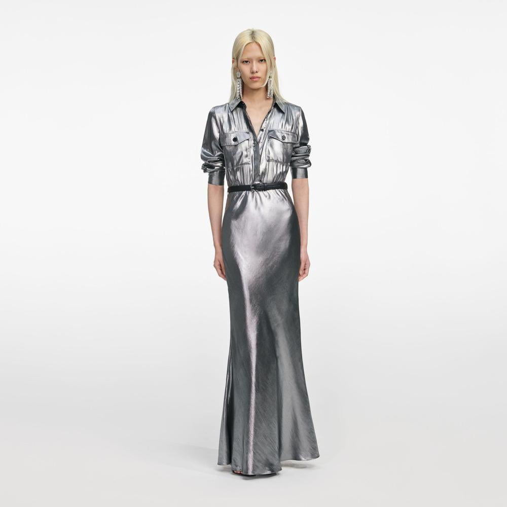 SP VIP PRICE Silver Metallic Crinkle Maxi Dress