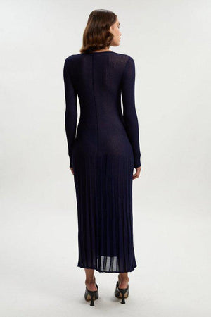 Karen Millen UK SALE Drapey Sheer Rib Knitted Midi Dress - navy