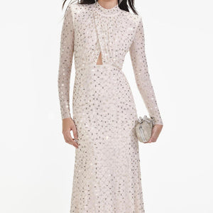 SELF PORTRAIT SS24 Champagne Rhinestone Mesh Midi Dress