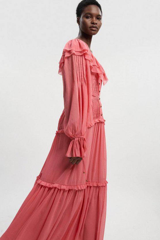 Karen Millen UK SALE Georgette Ruffle Woven Maxi Dress - coral