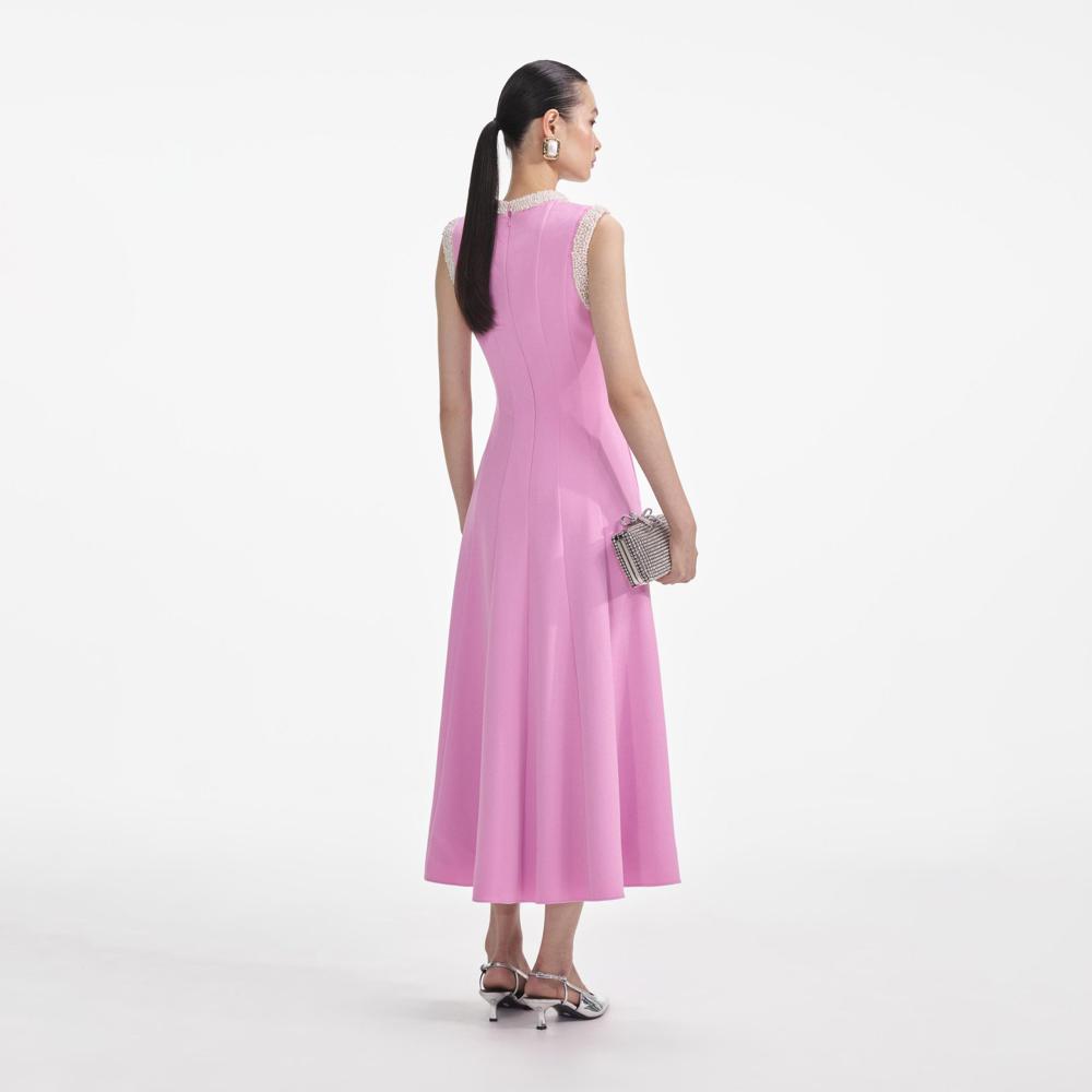 SP VIP PRICE Pink Crepe Pearl Trim Midi Dress
