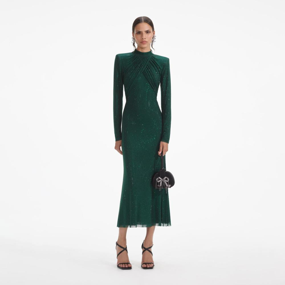 SELF PORTRAIT SS24 Green Rhinestone Mesh Midi Dress