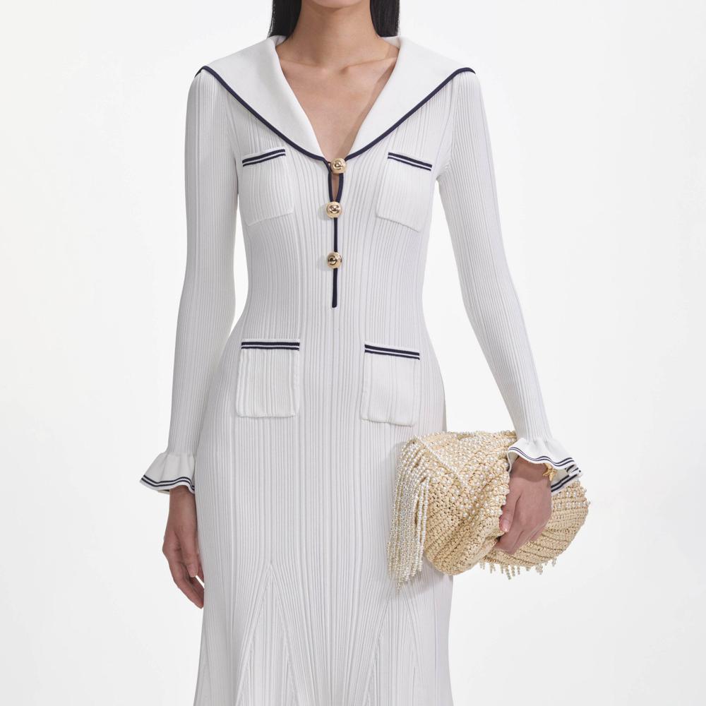 SELF PORTRAIT SS25 VIP PRICE White Viscose Rib Knit Midi Dress