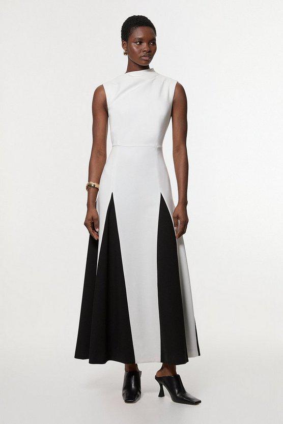 Karen Millen UK SALE Compact Stretch Tailored Colour Block Full Skirted Midi Dress - ivory
