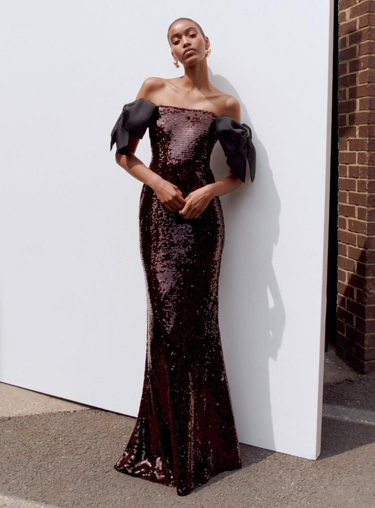 SP VIP PRICE Brown Sequin Bow Maxi Dress