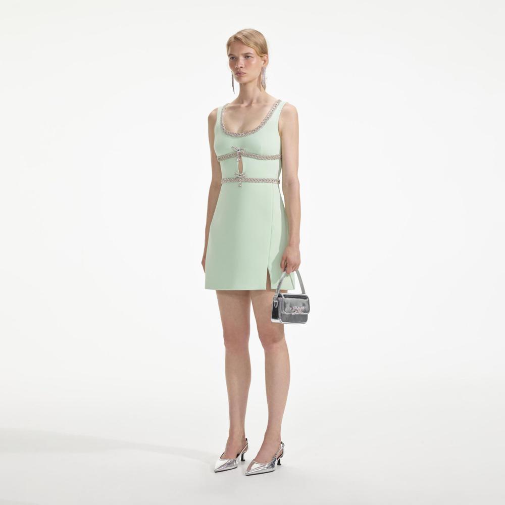 SELF PORTRAIT SS24 Mint Diamante Bow Trim Mini Dress