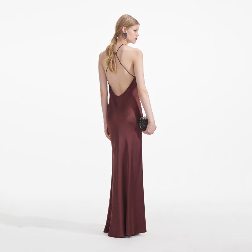 SELF PORTRAIT SS24 Brown Satin Maxi Dress