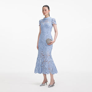 SELF PORTRAIT SS24 Blue Flower Lace Contrast Collar Midi Dress