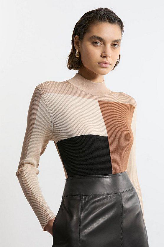 Karen Millen UK SALE Slinky Rib Knit Colour Block Top