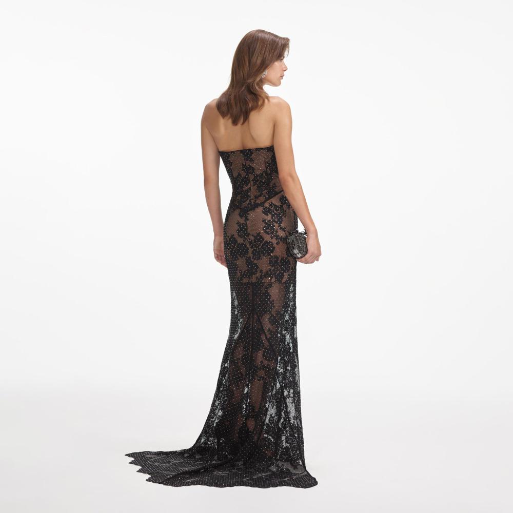 SELF PORTRAIT SS24 Black Rhinestone Lace Maxi Dress