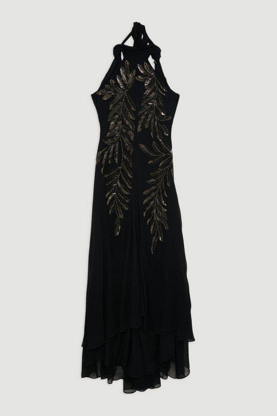 Karen Millen UK SALE Halter Neck Feather Sequin Detail Woven Maxi Dress